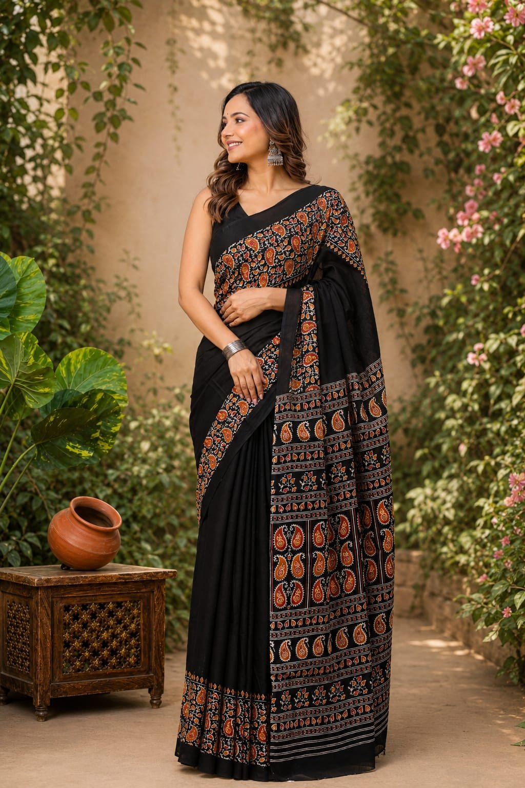Black saree with orange paisley motifs and Bagru hand block print design