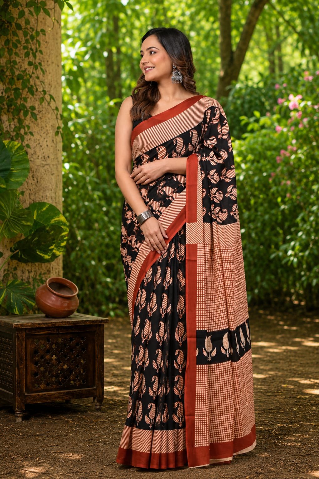 Black and rust saree with floral motifs and traditional Bagru block print