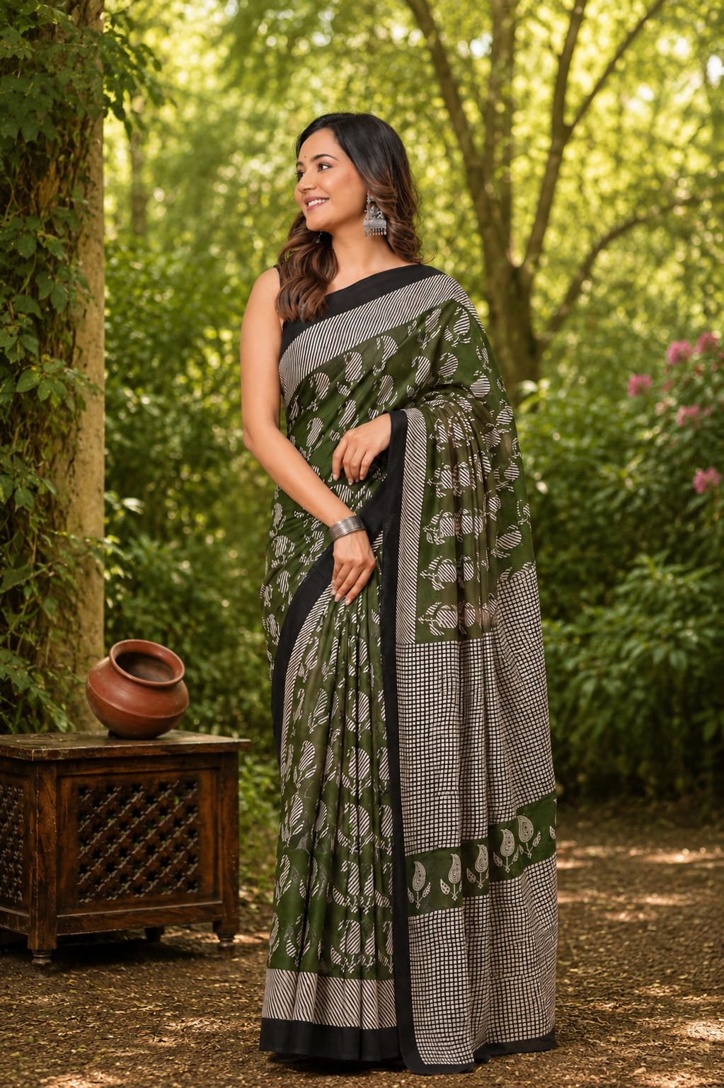 Green saree with floral Bagru hand block print and checkered motif
