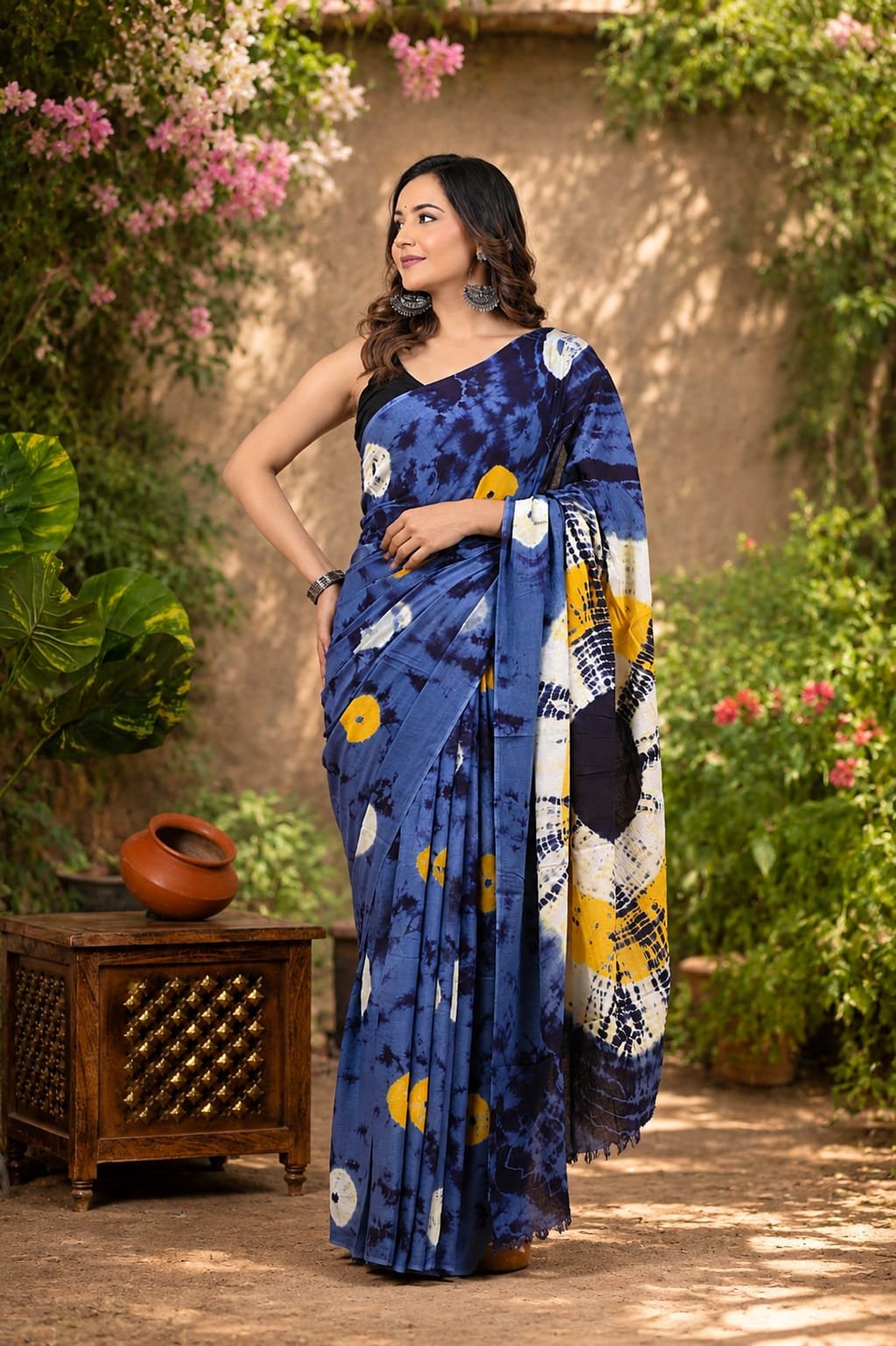 Blue Mul Cotton saree with abstract yellow and white patterns