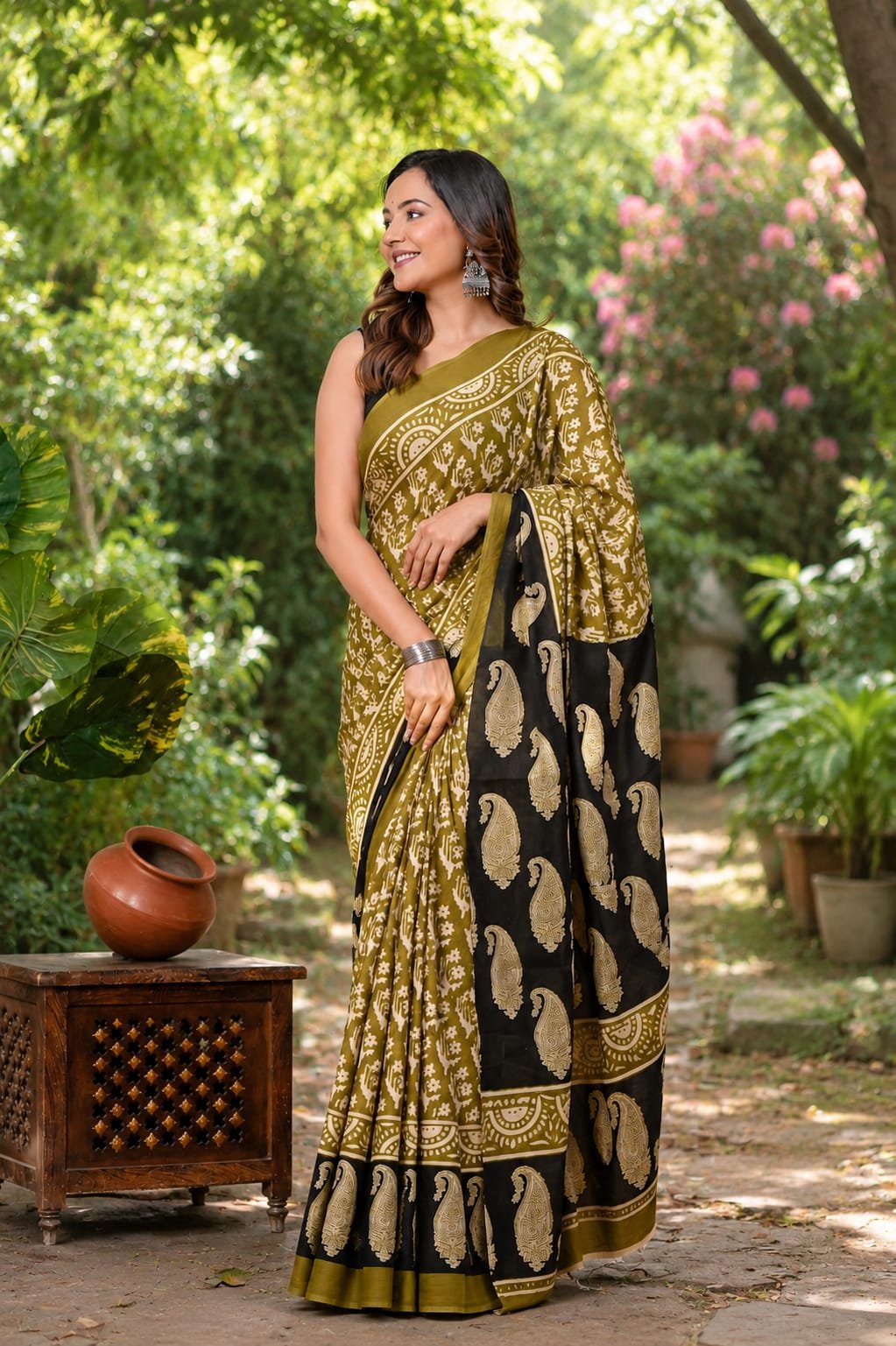 Olive green saree with black border and paisley motif, Bagru hand block print