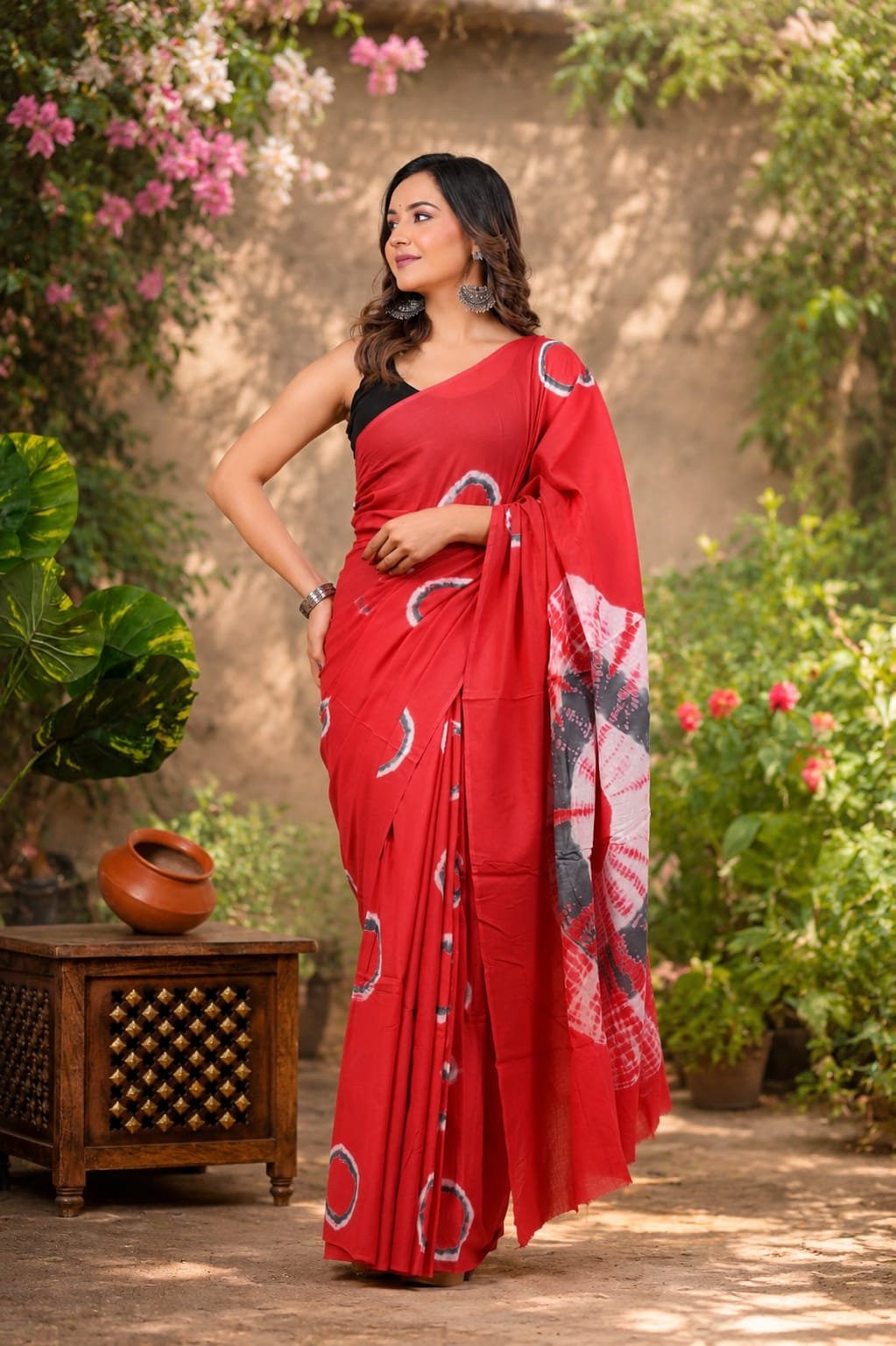 Red saree with circular motifs, Bagru hand block print, Mul Cotton fabric