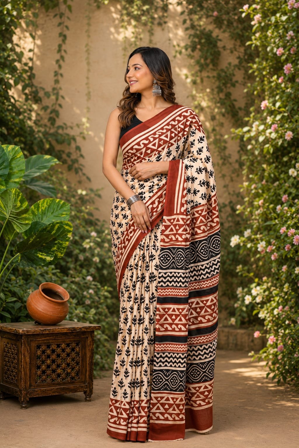 Rust and black saree with geometric and floral Bagru hand block print