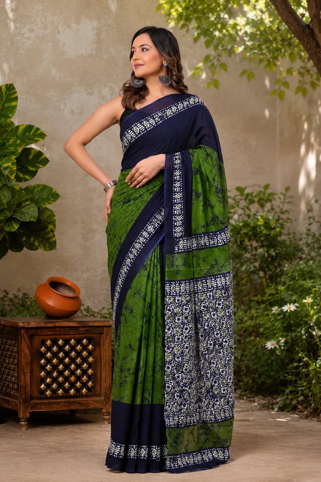 Green and navy saree with geometric Bagru hand block print design