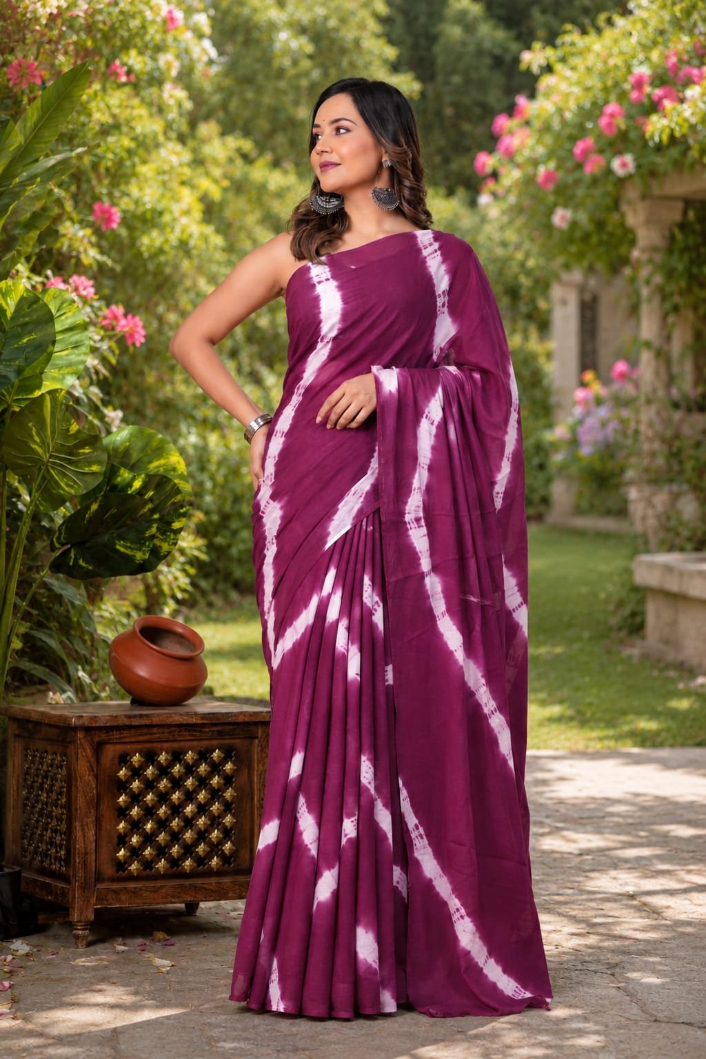 Purple saree with tie-dye pattern showcasing traditional Bagru block printing
