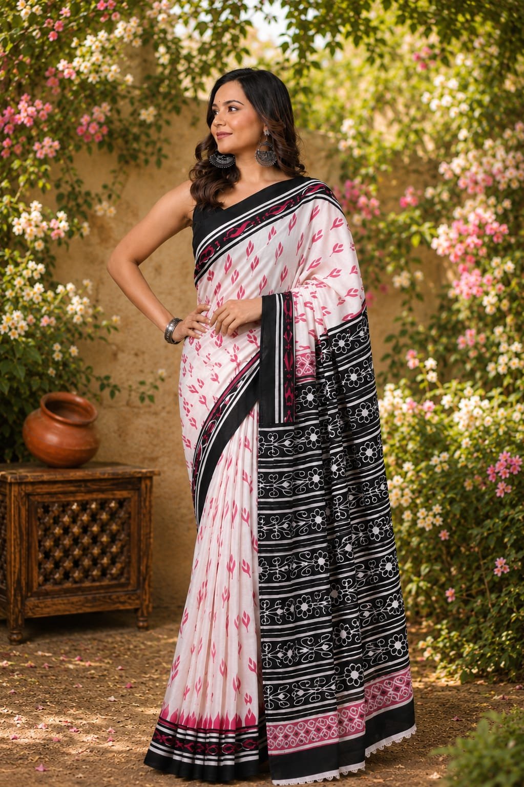 Black and pink floral Bagru hand block printed Mul Cotton saree with geometric patterns