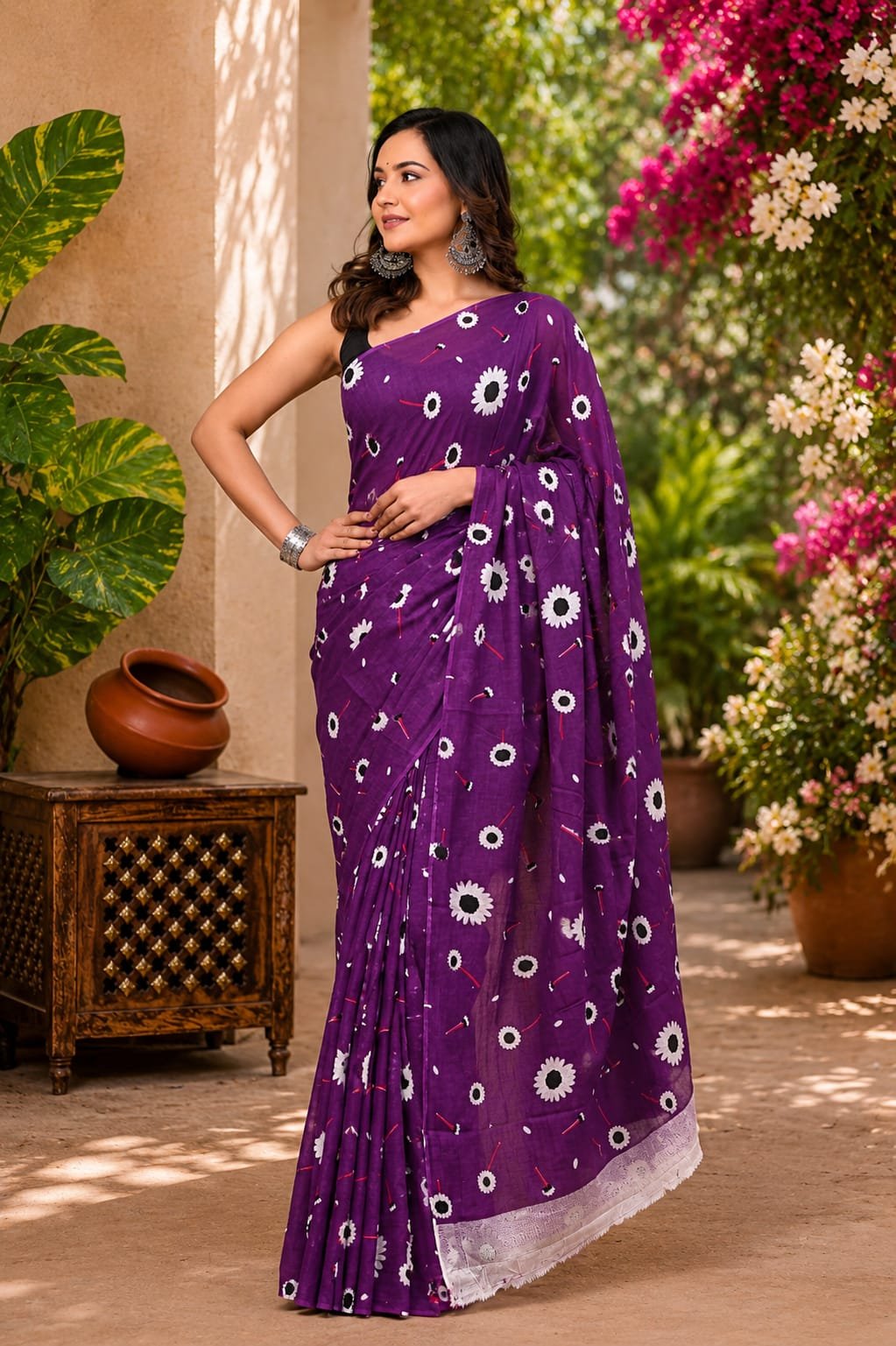 Purple saree with white floral motifs, Bagru block print design