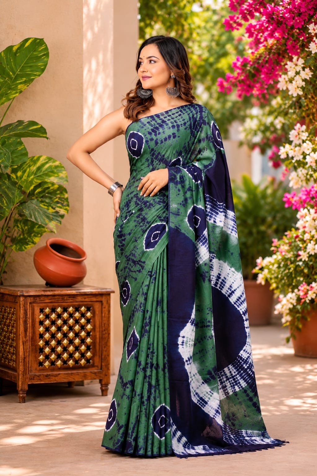 Green and blue saree with geometric Bagru hand block print design