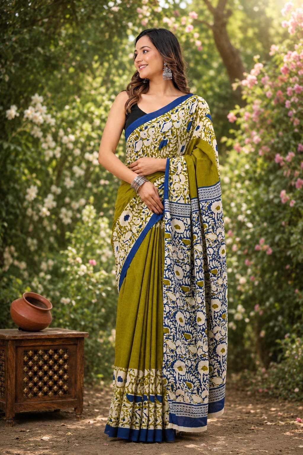 Olive green saree with floral motifs and navy border design