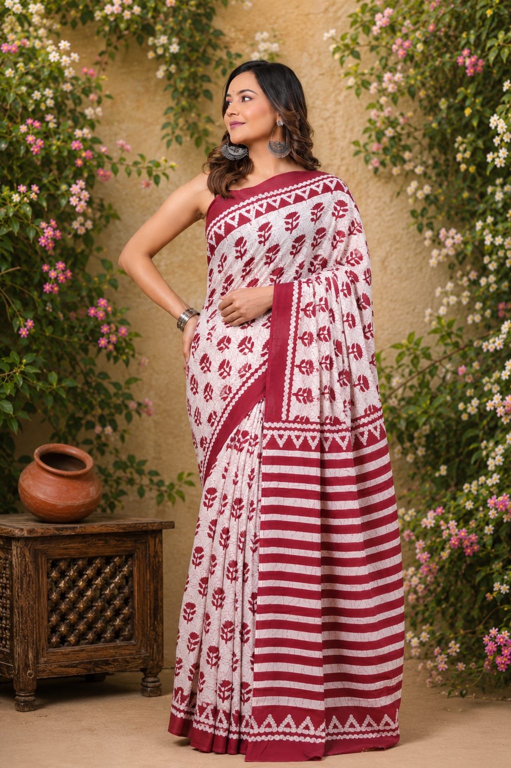 Maroon floral hand block print saree with stripes and border design