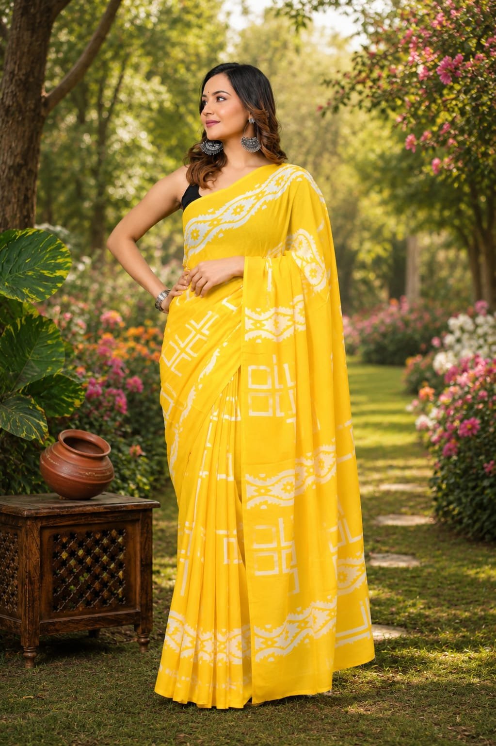 Yellow saree with bold geometric patterns and traditional Bagru design
