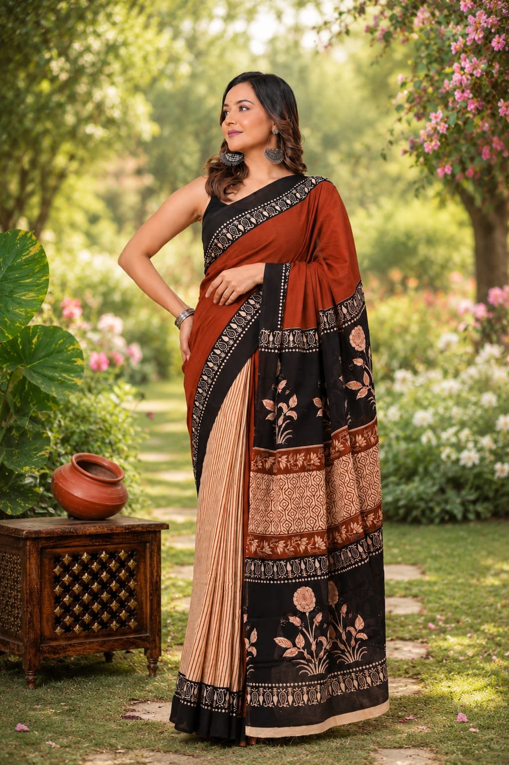 Rust and black saree with floral and geometric Bagru motifs, traditional design