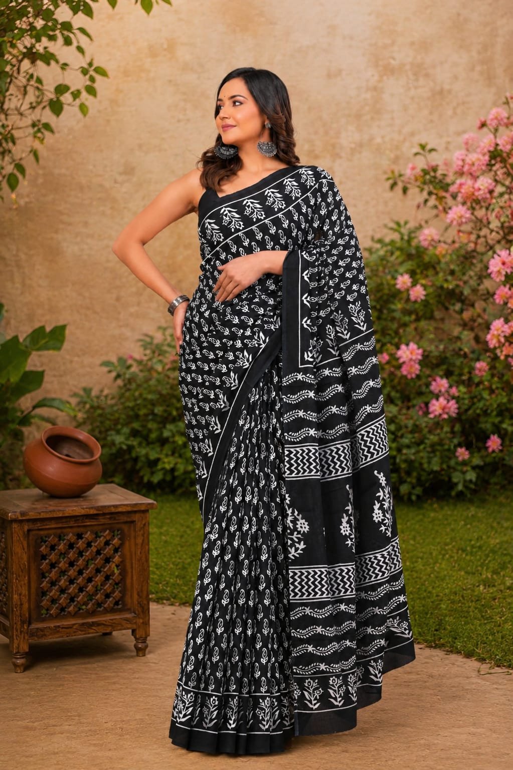 Black Mul Cotton saree with white floral hand block print motifs