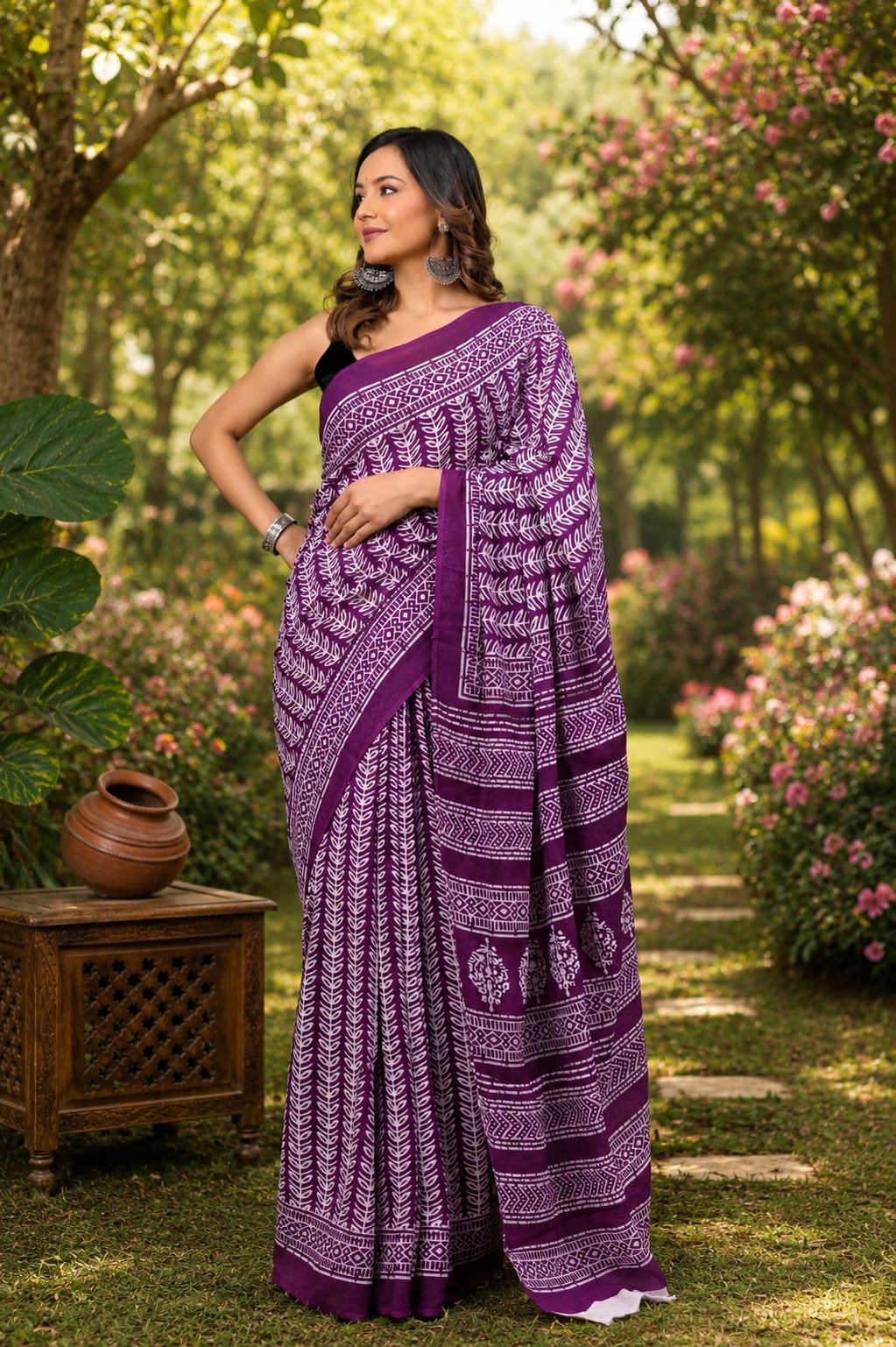 Purple Mul Cotton saree with white leaf motifs in Bagru hand block print design