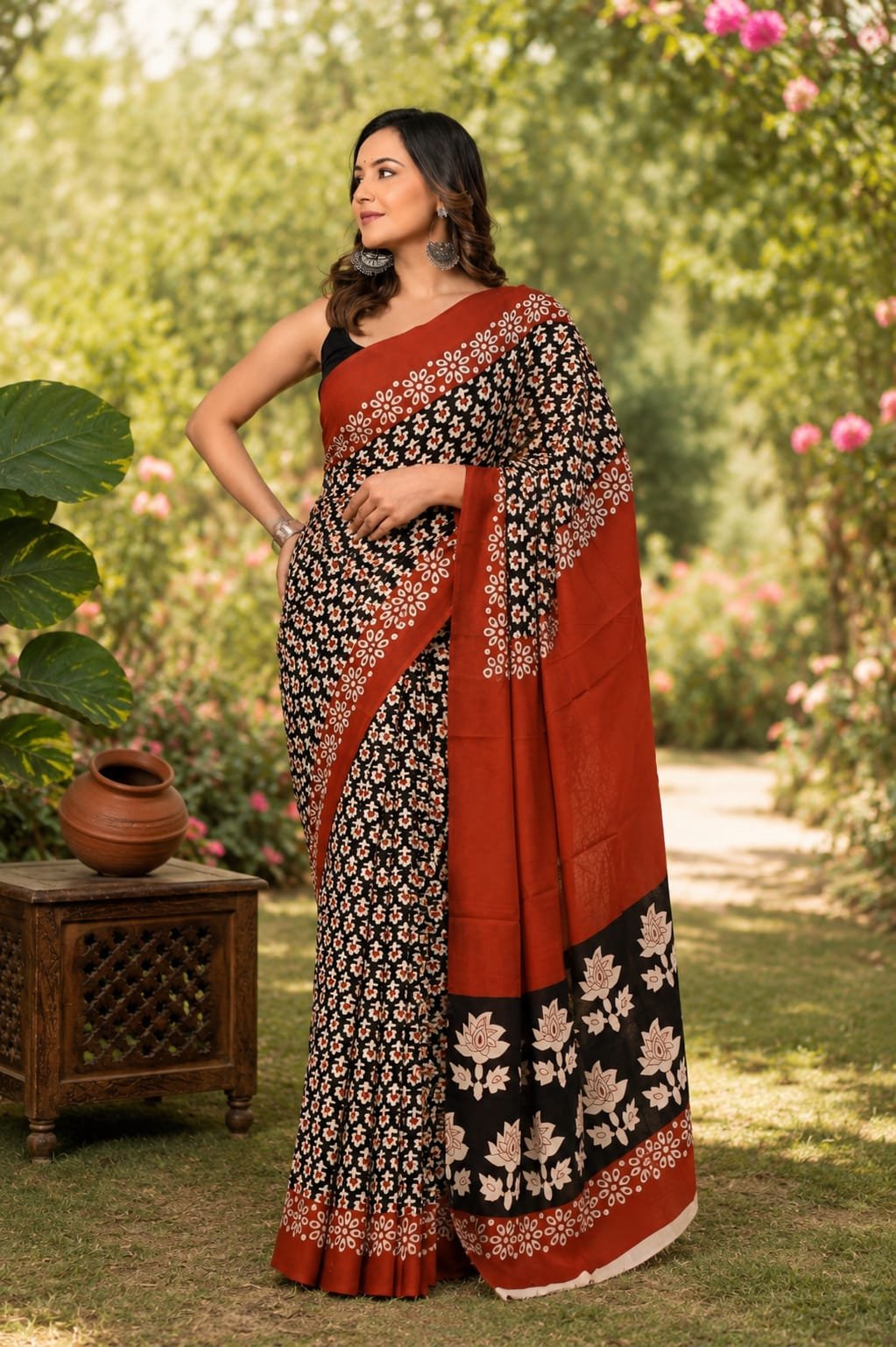 Rust and black saree with floral motifs, Bagru hand block printed