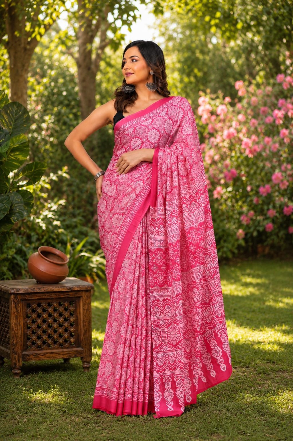 Pink saree with floral patterns in Bagru hand block print