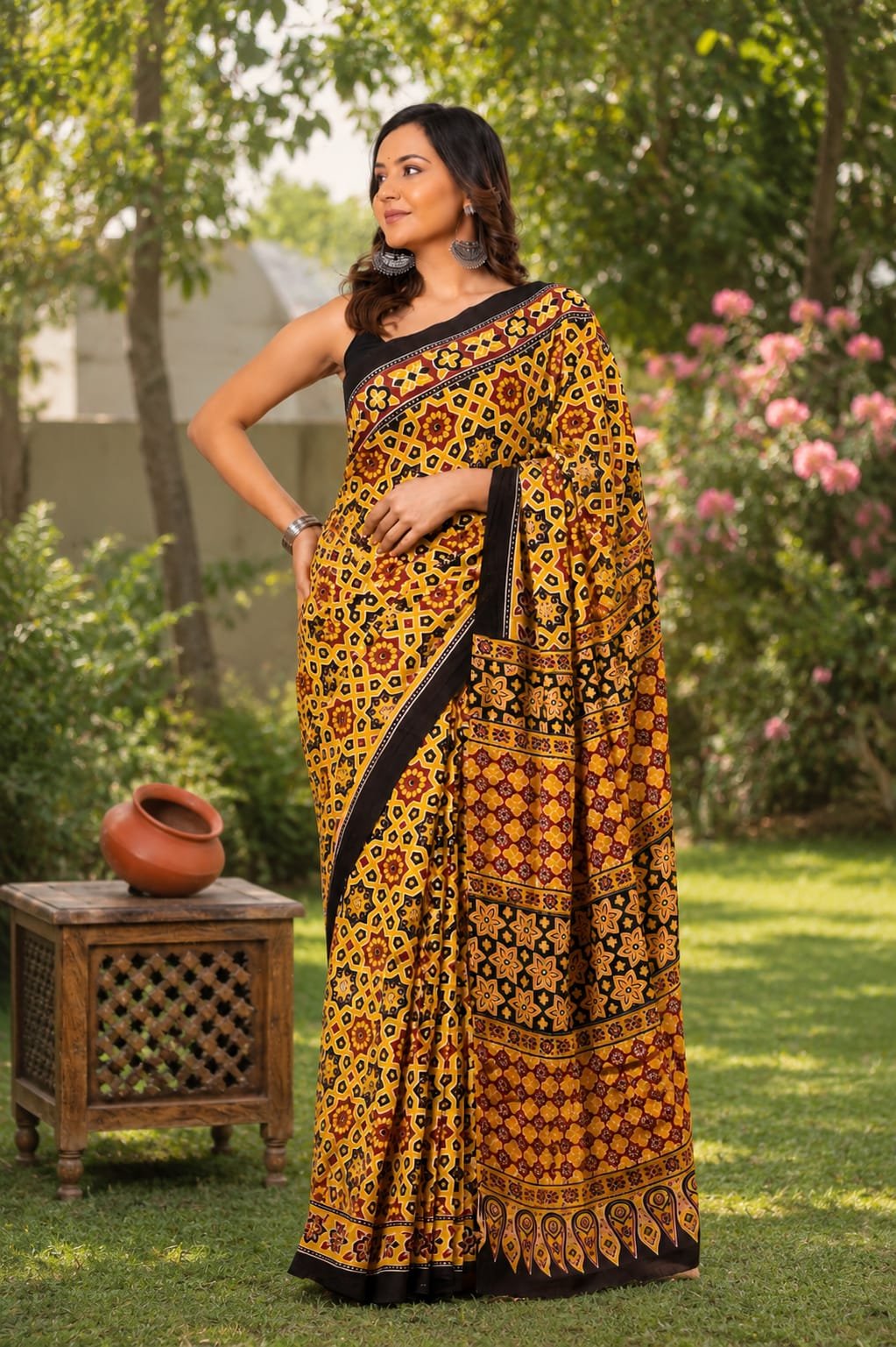 Yellow and black saree with red floral motifs and geometric patterns