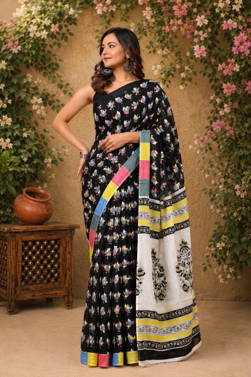 Black saree with multicolor buta motif and colorful border