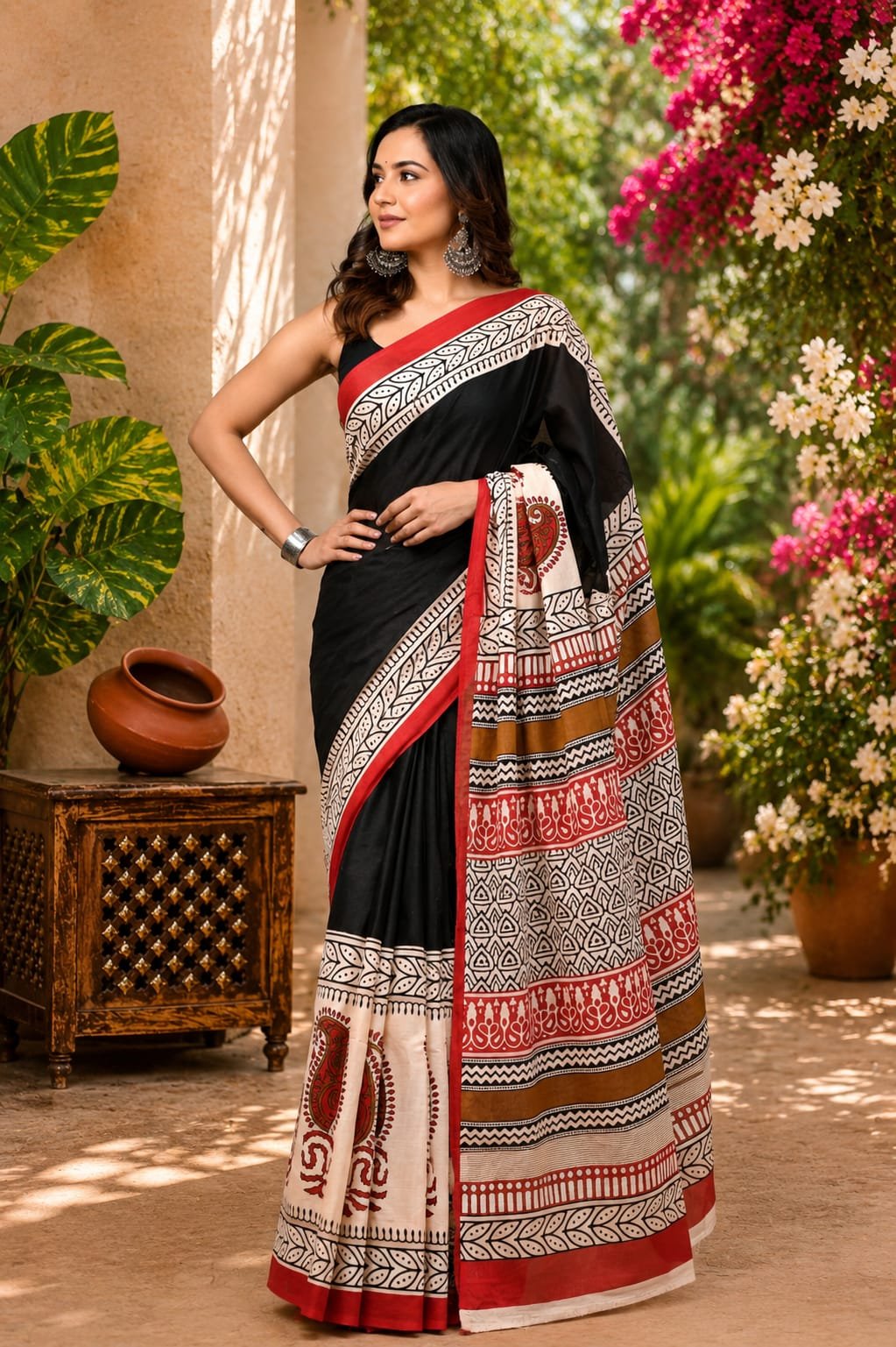 Black and red Mul Cotton saree with geometric and floral motifs