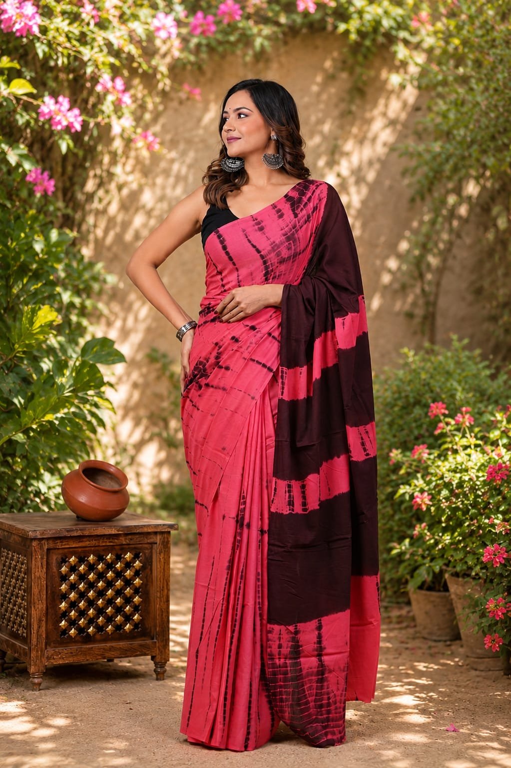 Pink and maroon saree with striped hand block print design