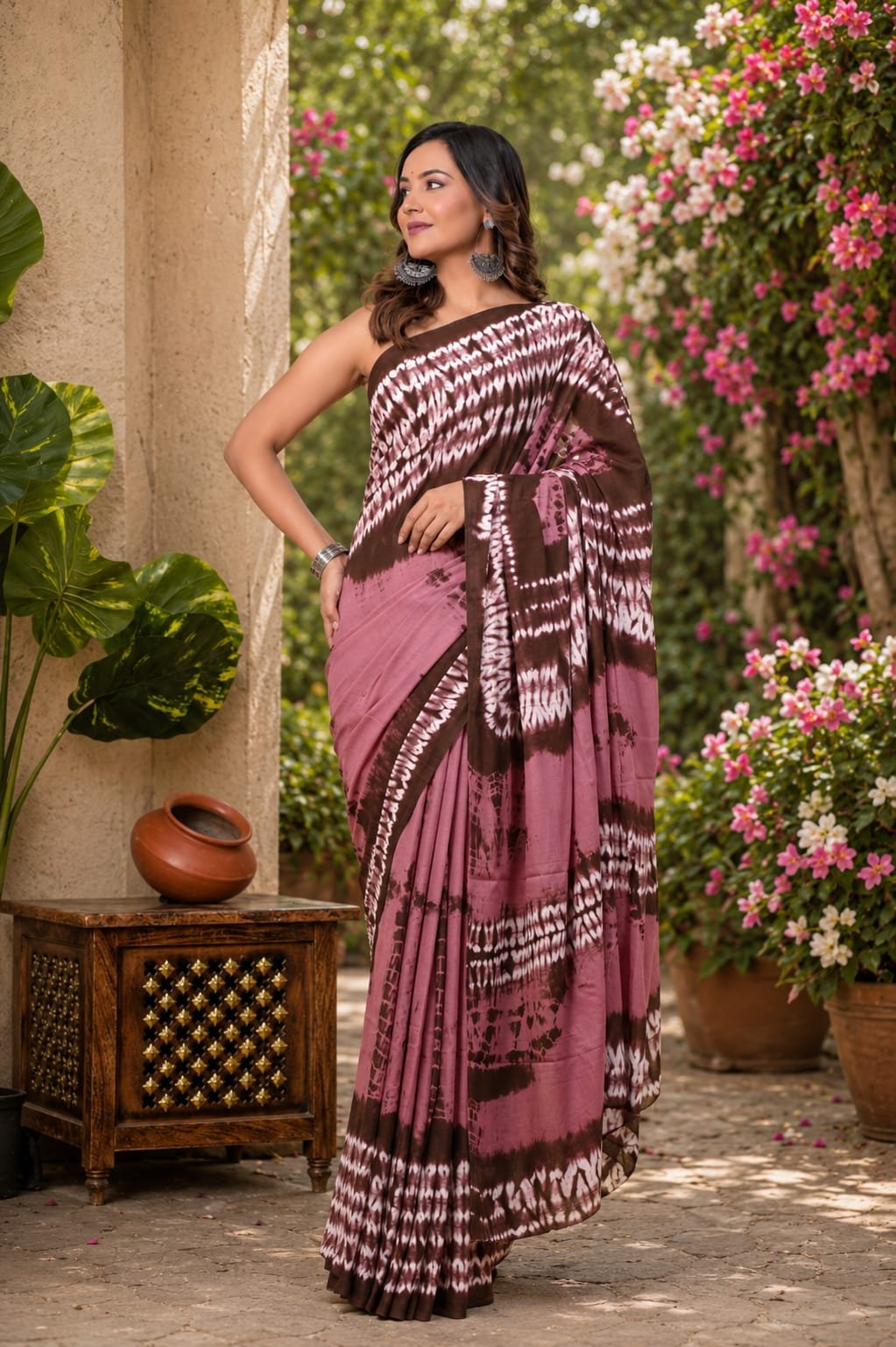 Pink and brown saree featuring geometric patterns with Bagru hand block print design