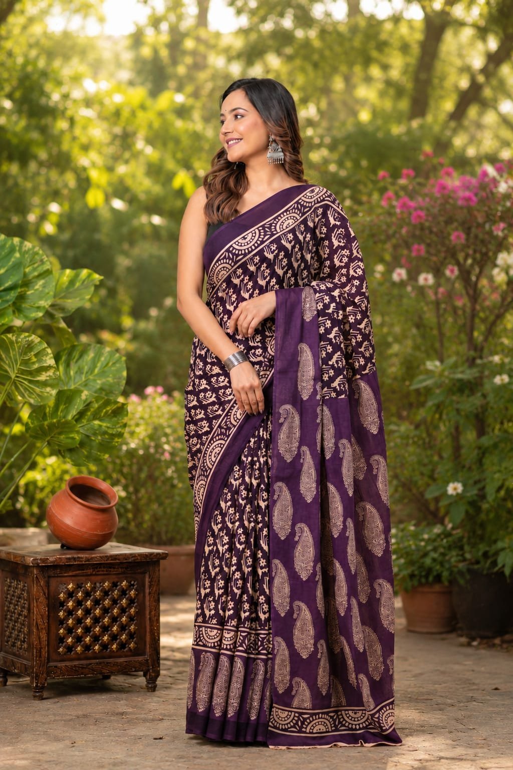 Purple saree with paisley motifs and intricate border design