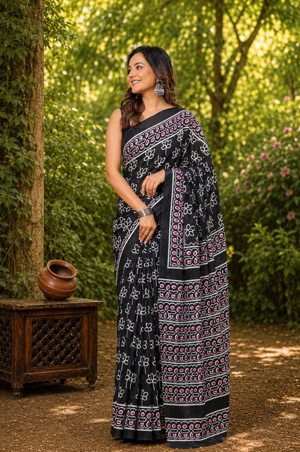 Black saree with pink and white floral motifs in Bagru hand block print