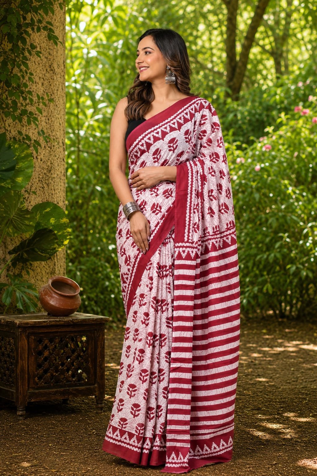 Maroon and white floral with stripe patterns on a Bagru hand block print saree