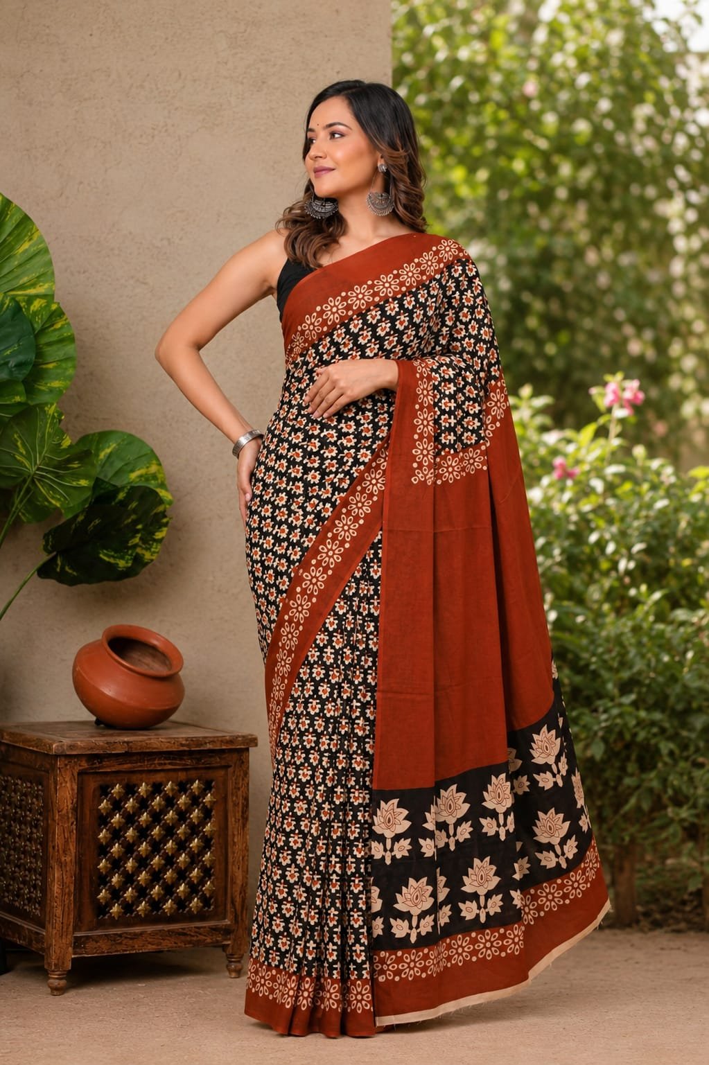 Rust and black saree with floral motifs, showcasing Bagru hand block print.