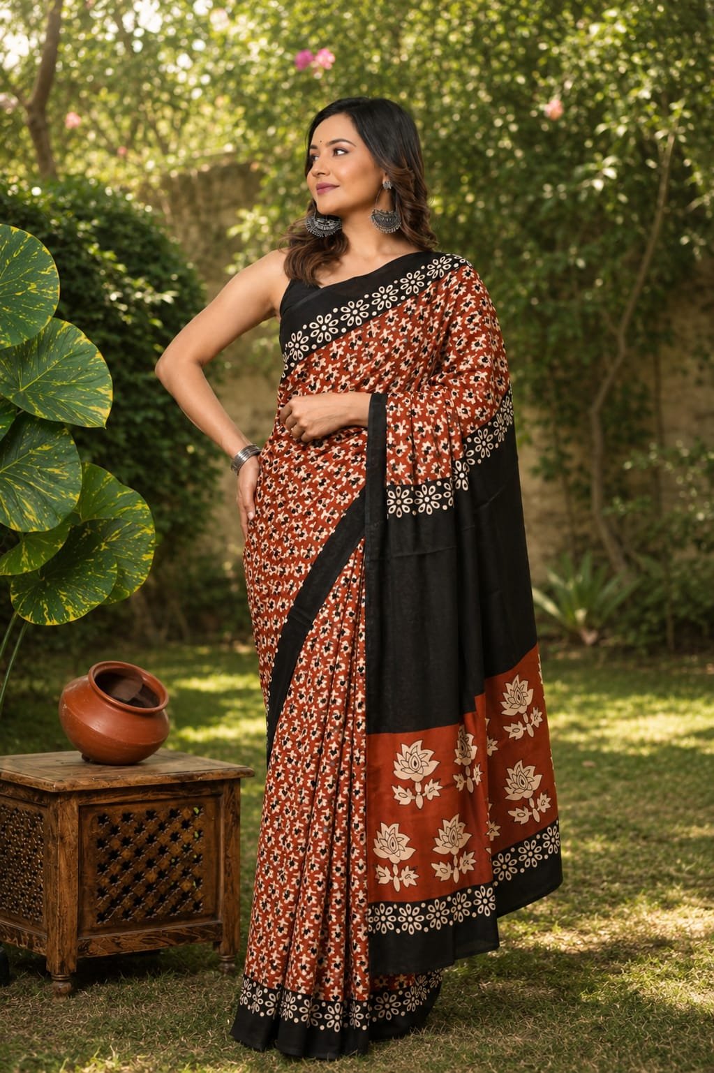 Rust saree with floral motif, black border, Bagru hand block print