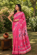 Pink saree featuring floral and geometric motifs in traditional Bagru hand block print