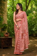 Terracotta saree with geometric and floral Bagru hand block prints
