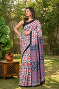 Red and black floral and geometric Bagru hand block printed Mul Cotton saree