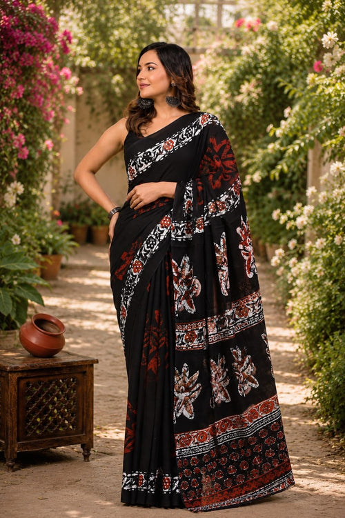 Black & Maroon Floral Motif Bagru Hand Block Printed Mul Cotton Saree With Blouse Piece