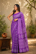Purple saree with white floral motifs in Bagru hand block print design
