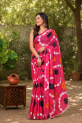 Pink saree with bold geometric circular motifs in Bagru hand block print