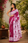 Magenta and white mul cotton saree with floral hand block print and striped pattern