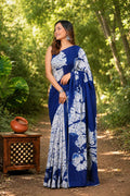 Indigo saree with white floral block print design