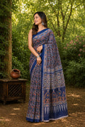 Navy blue saree with floral motifs in Bagru hand block print