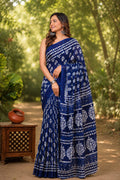Indigo saree with white geometric and floral Bagru block print patterns