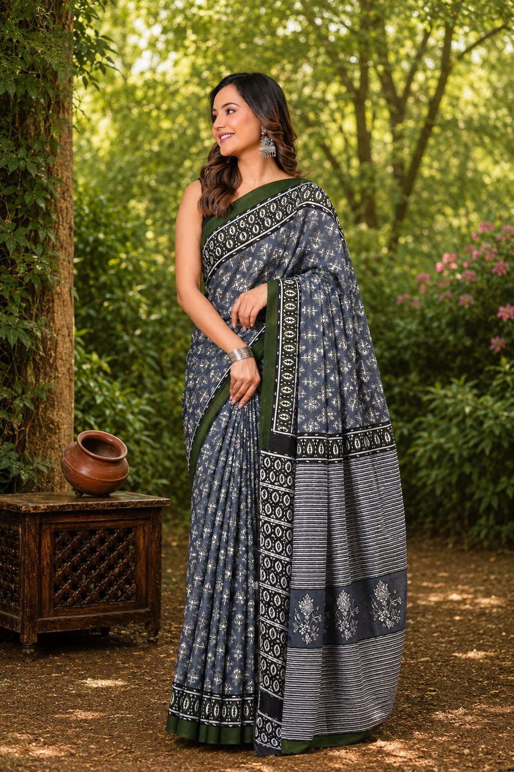 Navy saree with floral motifs and geometric border in a natural setting
