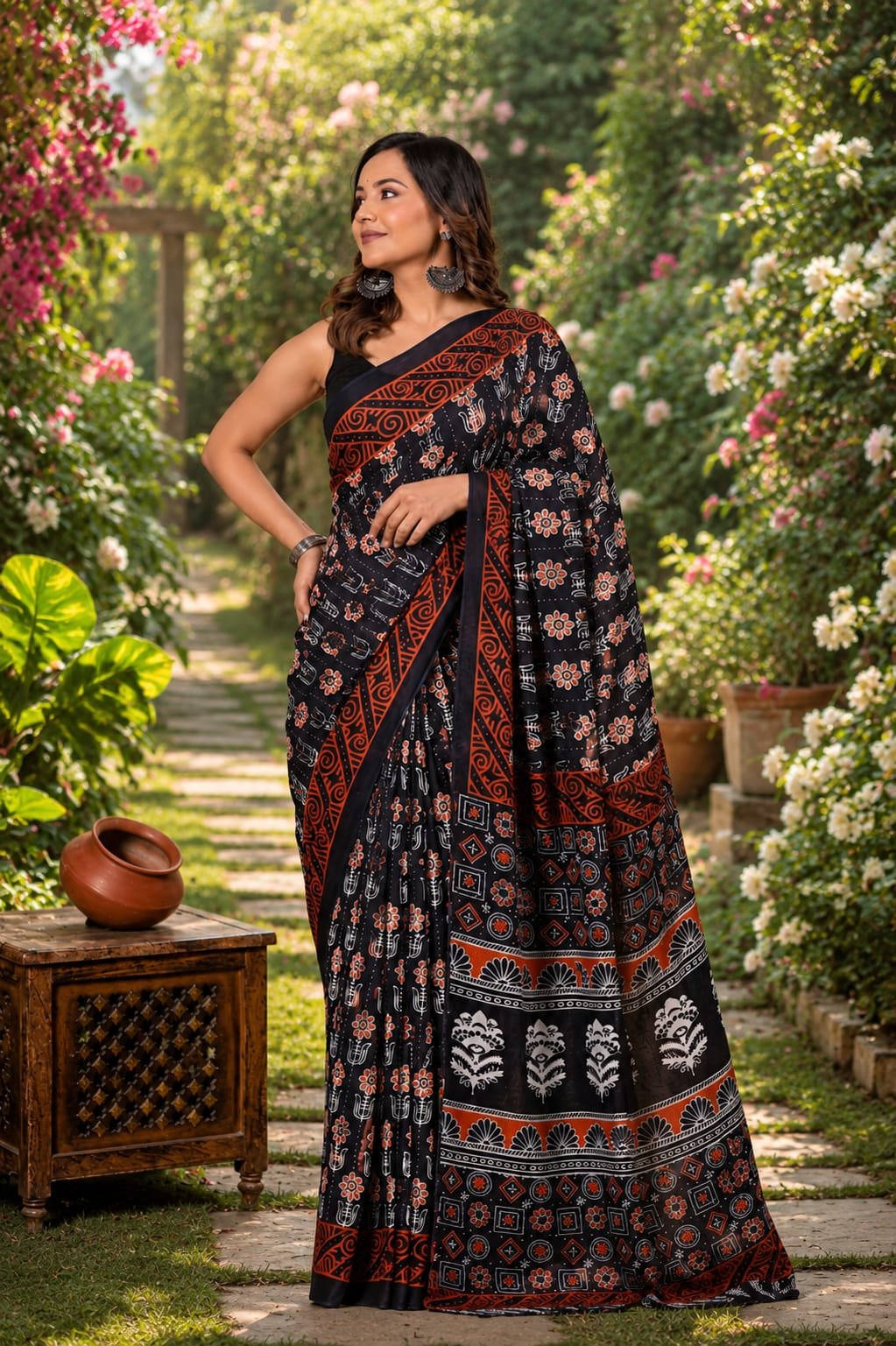 Black and red saree with floral and geometric motifs in Bagru hand block print