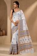 White saree with blue and orange floral motifs, Bagru hand block print