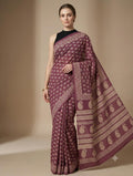 Maroon saree with buta motifs and traditional Bagru print
