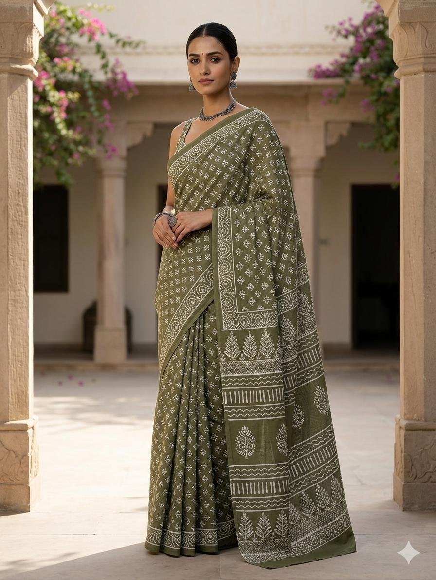 Olive green saree with geometric and floral motifs in Bagru print