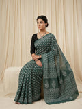 Green saree with floral motifs using Bagru hand block print technique