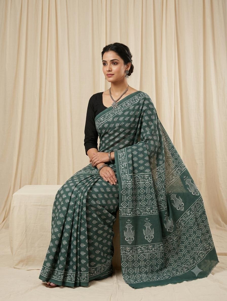 Green saree with floral motifs using Bagru hand block print technique