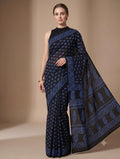 Black and blue saree with paisley motifs, Bagru hand block print.