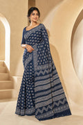 Navy blue saree with floral and geometric motifs in Bagru hand block print