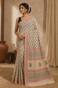 Beige saree with black floral motifs and red border, Bagru hand block printed